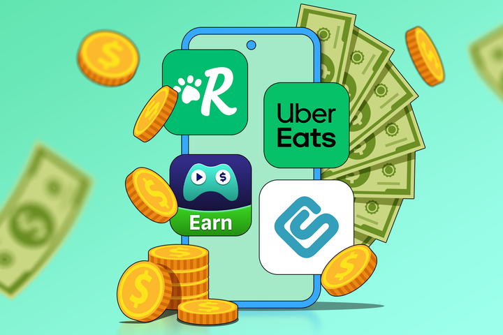 Illustration of a smartphone displaying side hustle apps, surrounded by flying dollar bills and gold coins.