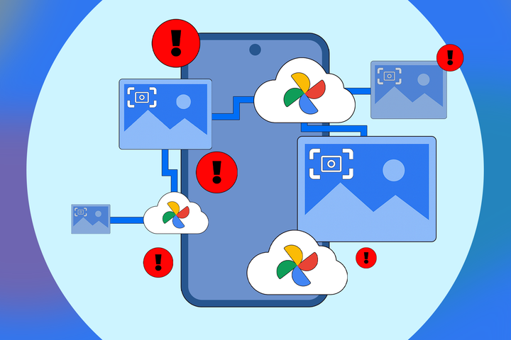 Illustration of a smartphone surrounded by image icons and Google Photos cloud icons, all connected by lines, with red warning symbols around.