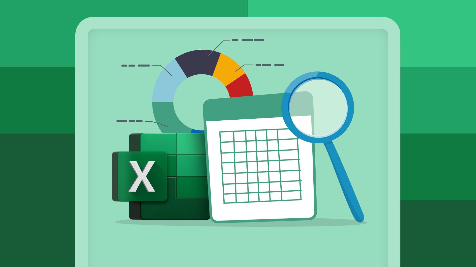 Illustration of a spreadsheet with a magnifying glass next to it, a chart in the background, and the Excel logo.