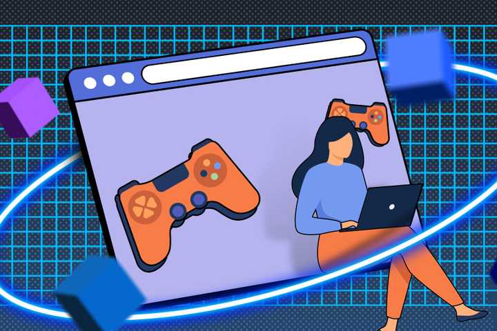 Illustration of a web browser with a woman sitting on it using her laptop and a video game controller beside her.