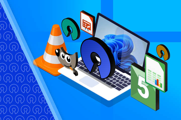 Illustration of a Windows 11 laptop and logos of some open source apps around it.-1