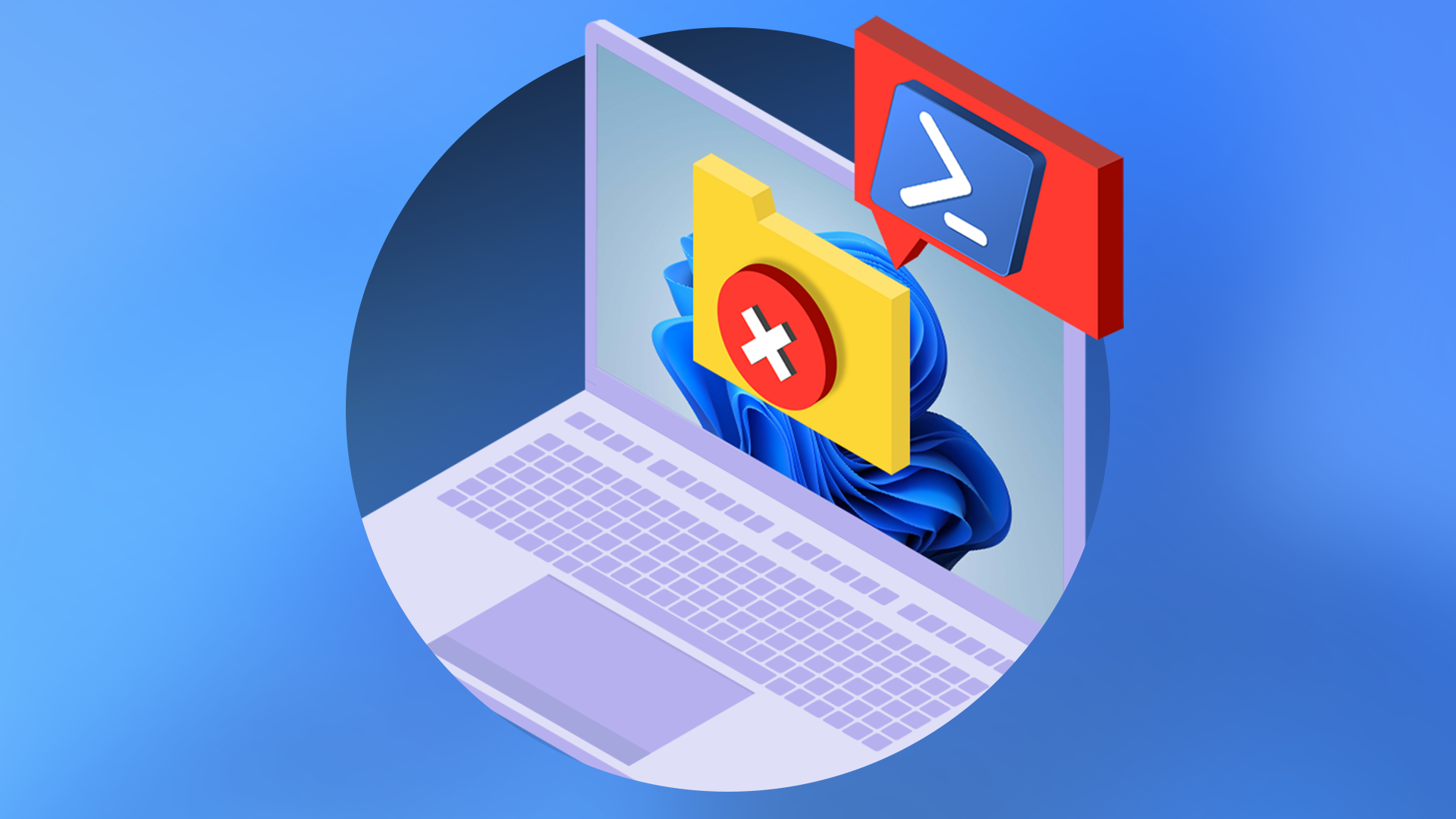 Illustration of a Windows laptop with a folder showing an error icon and PowerShell above it.