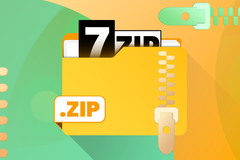 Illustration of a yellow zipped folder containing a 7-Zip logo, and zipper graphics in the background.