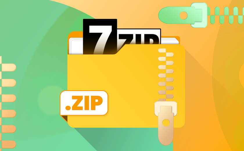 Illustration of a yellow zipped folder containing a 7-Zip logo, and zipper graphics in the background.