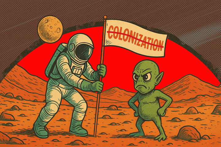 Illustration of an astronaut on Mars planting a colonization flag and an angry green Martian.