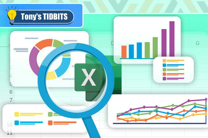 Illustration of an Excel logo under a magnifying glass, surrounded by colorful charts and graphs.