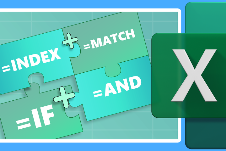 Illustration of Excel function combinations shown as puzzle pieces, with INDEX + MATCH and IF + AND fitting together beside the Excel logo.