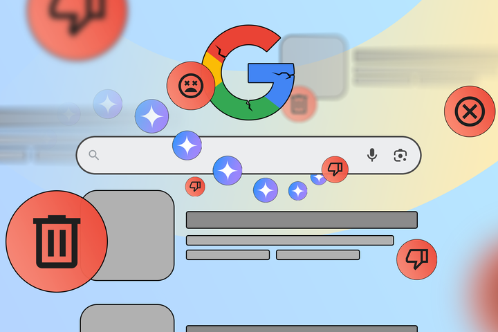 Illustration of Google search results cluttered with icons like trash bins, thumbs down, and warning signs, with a cracked Google logo above the search bar.