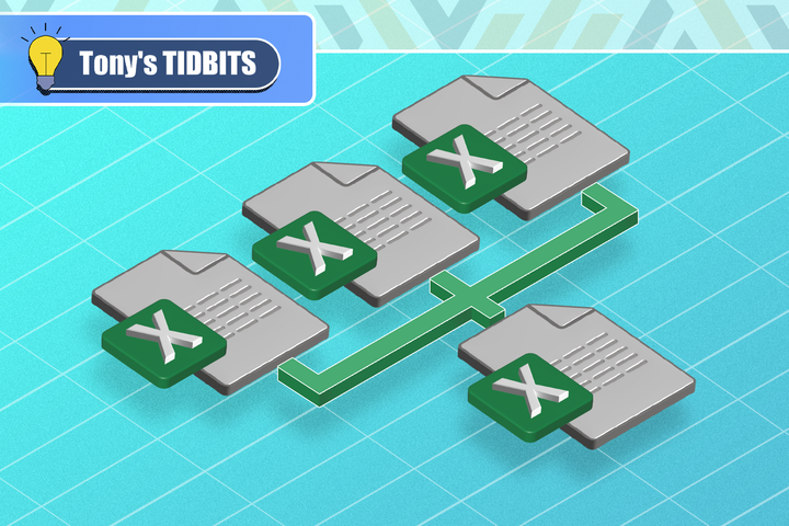 Illustration of multiple Excel file icons connected by green lines, symbolizing the merging of workbooks.