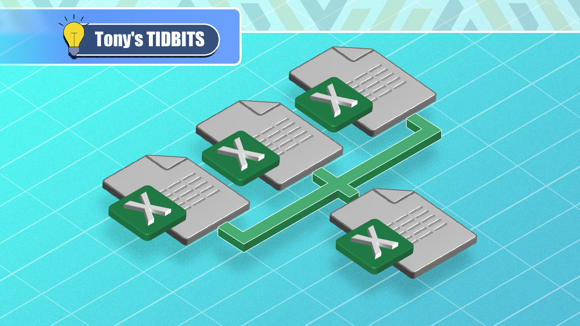 Illustration of multiple Excel file icons connected by green lines, symbolizing the merging of workbooks.
