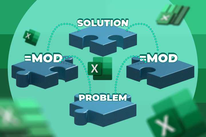 Illustration of puzzle pieces connected, showing a problem linked to the =MOD function in Excel, with a connection leading to the solution and Excel icons around.