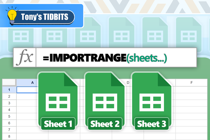 Illustration of the Google Sheets IMPORTRANGE function with three green spreadsheet icons labeled 'Sheet 1,' 'Sheet 2,' and 'Sheet 3.'