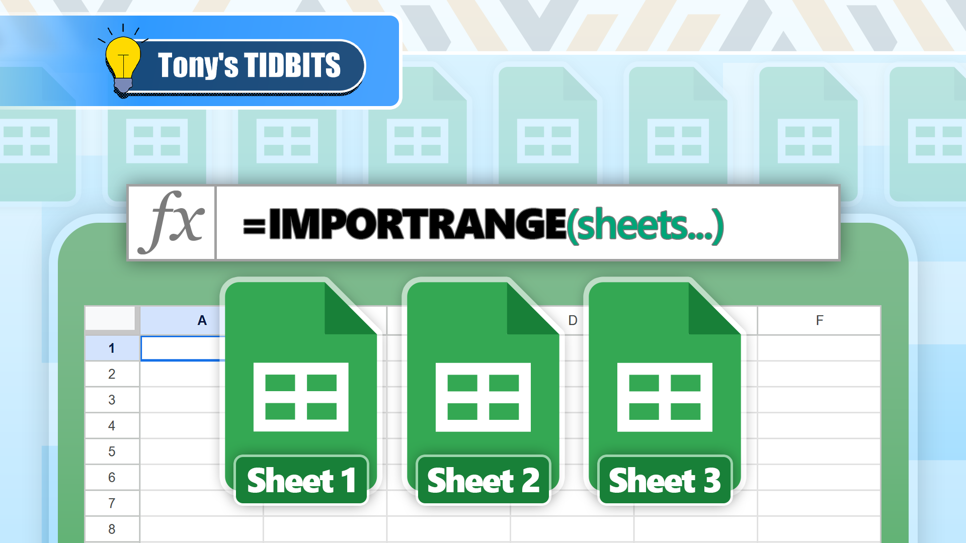 Illustration of the Google Sheets IMPORTRANGE function with three green spreadsheet icons labeled 'Sheet 1,' 'Sheet 2,' and 'Sheet 3.'