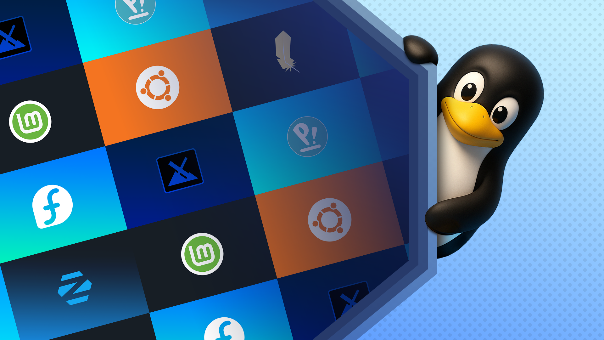 Illustration of the Linux mascot peeking out from behind a panel showing various Linux distributions.