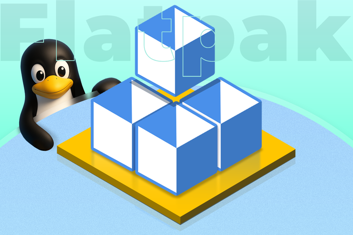 Illustration of Tux, the Linux mascot, beside the Flatpak logo made of blue and white cubes on a yellow base, with the word Flatpak in the background.