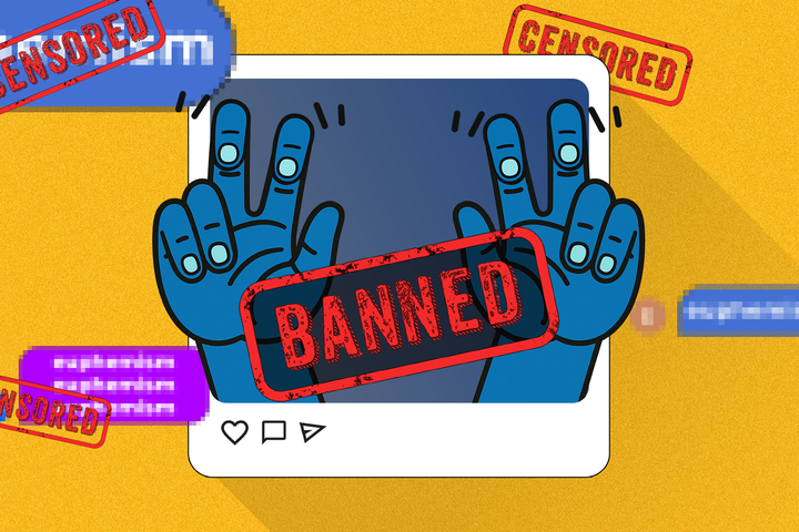 Illustration of two hands in a social media post, overlaid by red 'BANNED' and 'CENSORED' stamps.