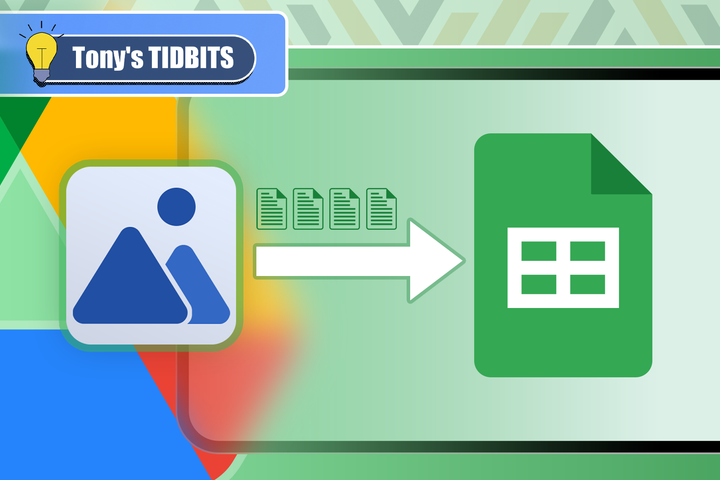Illustration showing an image icon with documents and an arrow pointing to the Google Sheets logo, with the Google Drive logo in the background.