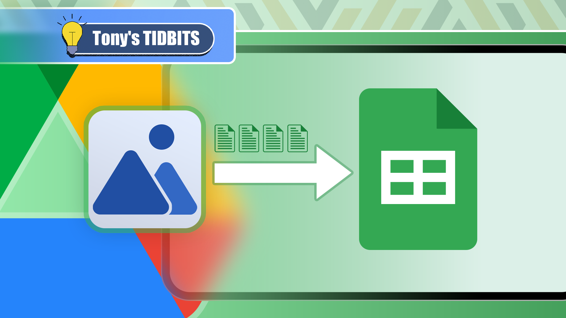 Illustration showing an image icon with documents and an arrow pointing to the Google Sheets logo, with the Google Drive logo in the background.