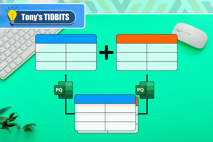 Illustration showing two Excel tables being combined using Power Query, with an office desk in the background.