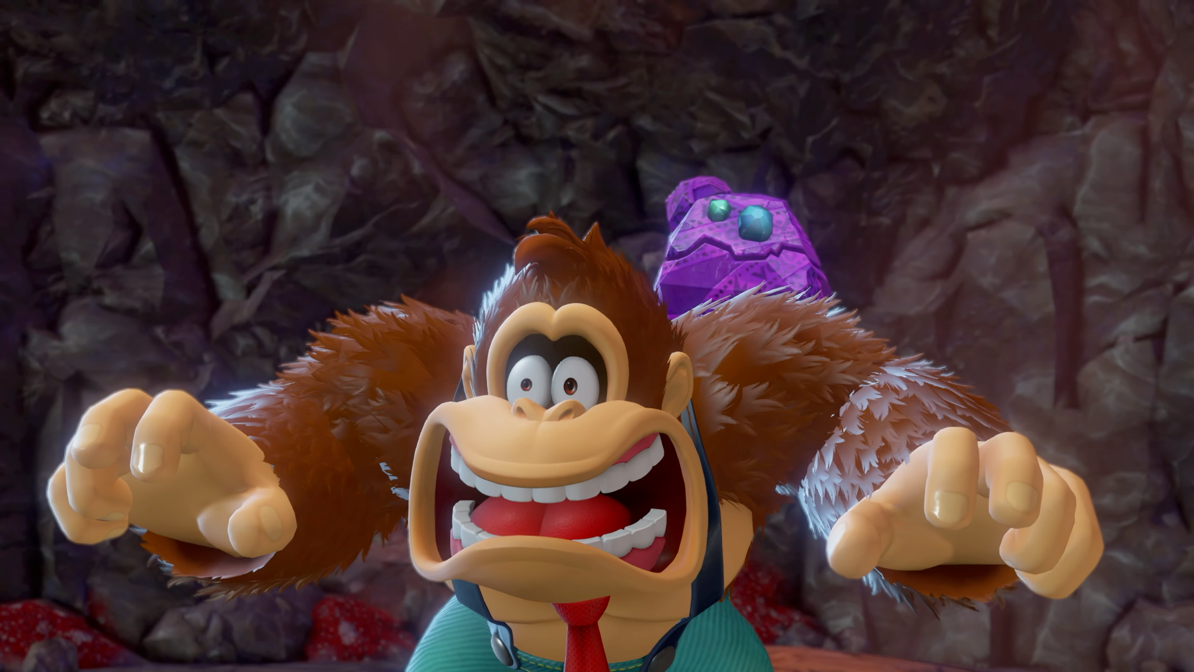 Donkey Kong making a surprised expression in Donkey Kong Bananza.