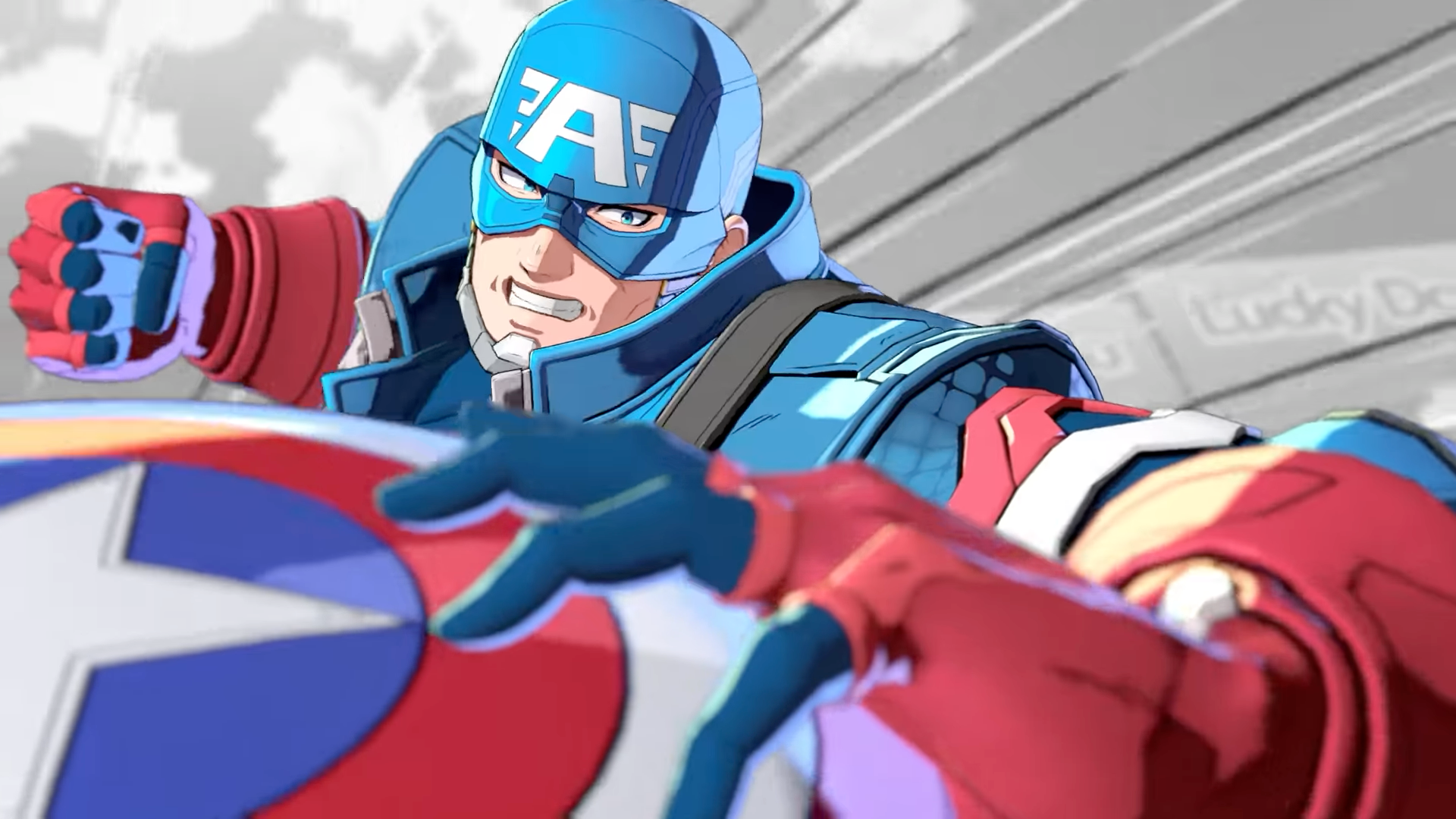 Captain America gritting his teeth and making a fist in Marvel Tokon.