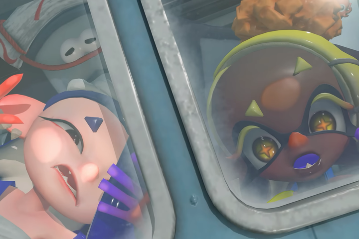 Shiver, Frye, and Big Man from Splatoon 3 looking with surprised expressions outside a helicopter window.