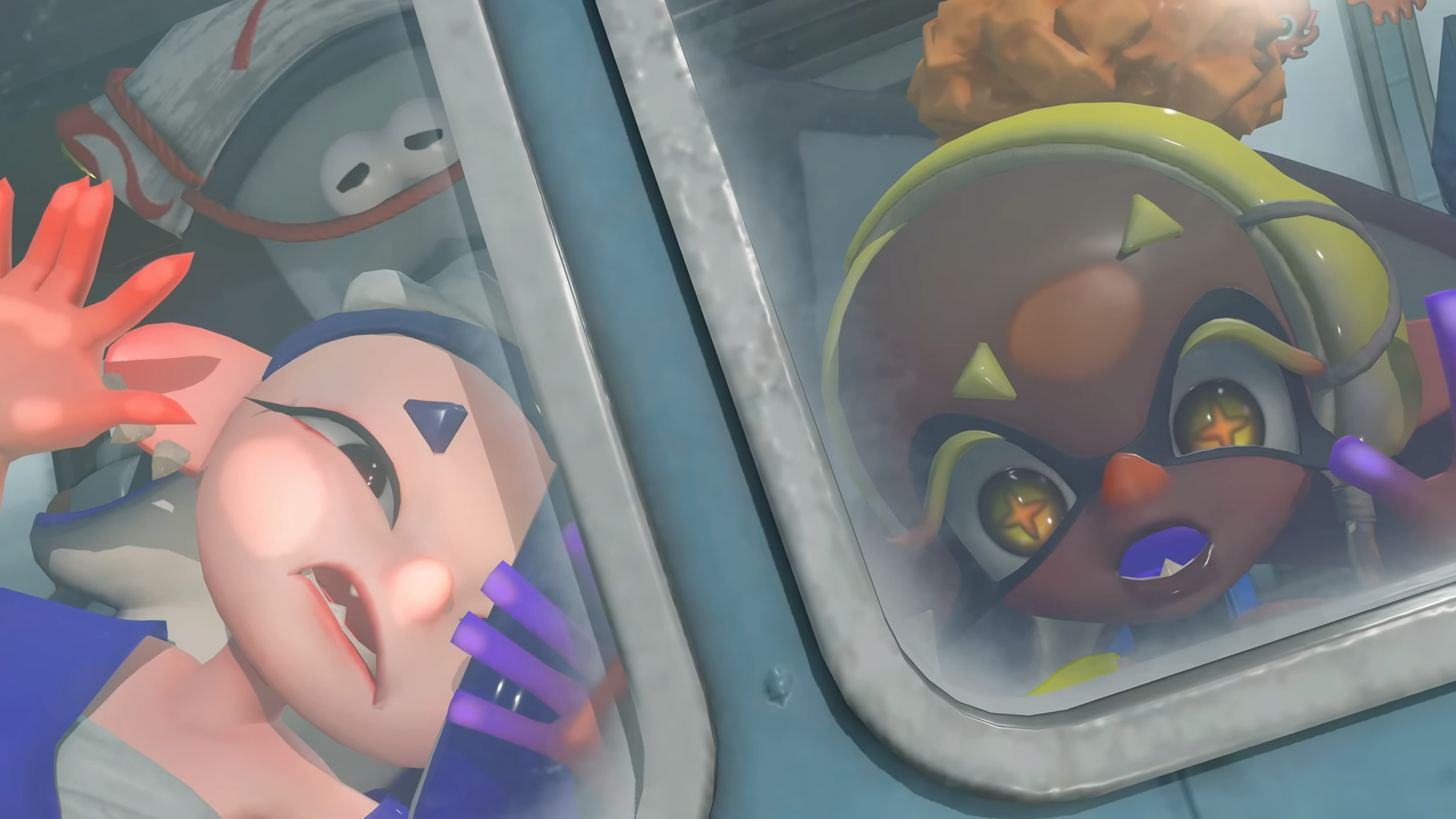 Shiver, Frye, and Big Man from Splatoon 3 looking with surprised expressions outside a helicopter window.