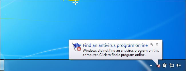 Windows displaying a warning notification that it did not find an antivirus program.
