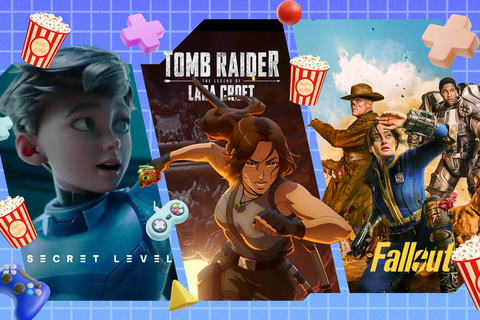 Images of some TV shows based on video games, with video game controllers and popcorn buckets around.