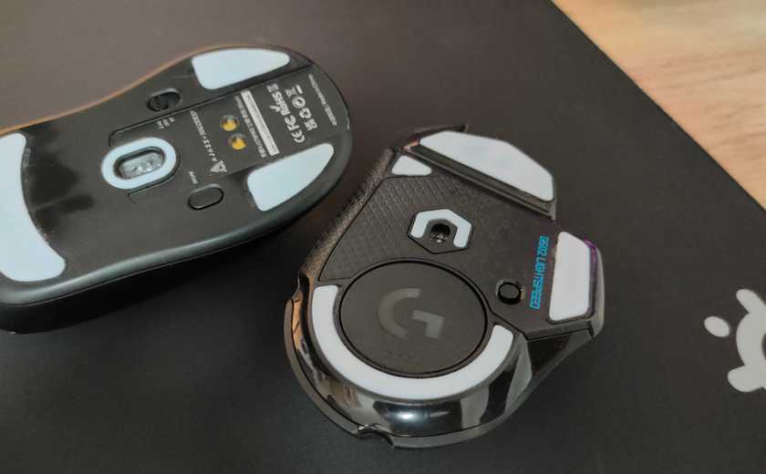 Custom mouse skates on the underside of the Logitech G502 Lightspeed and Ajazz AJ 179 Pro gaming mice.