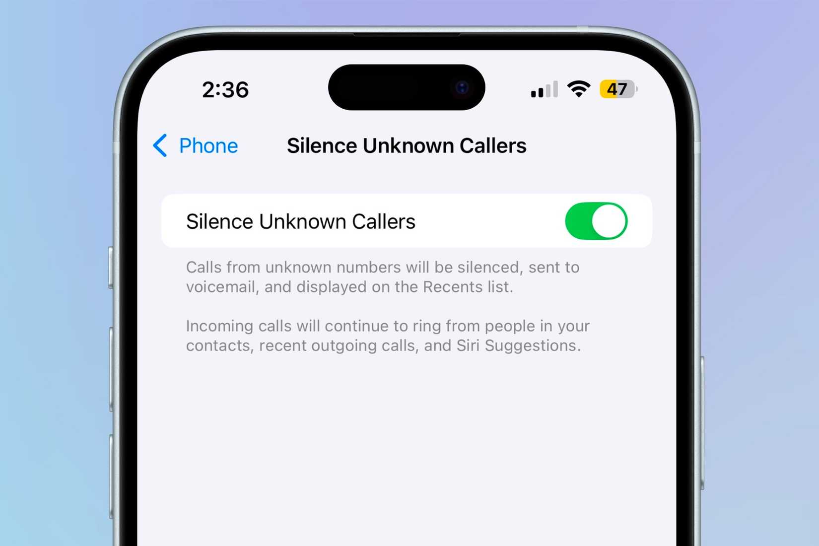 Toggling on Silence Unknown Caller in the Phone section of Settings on an iPhone.