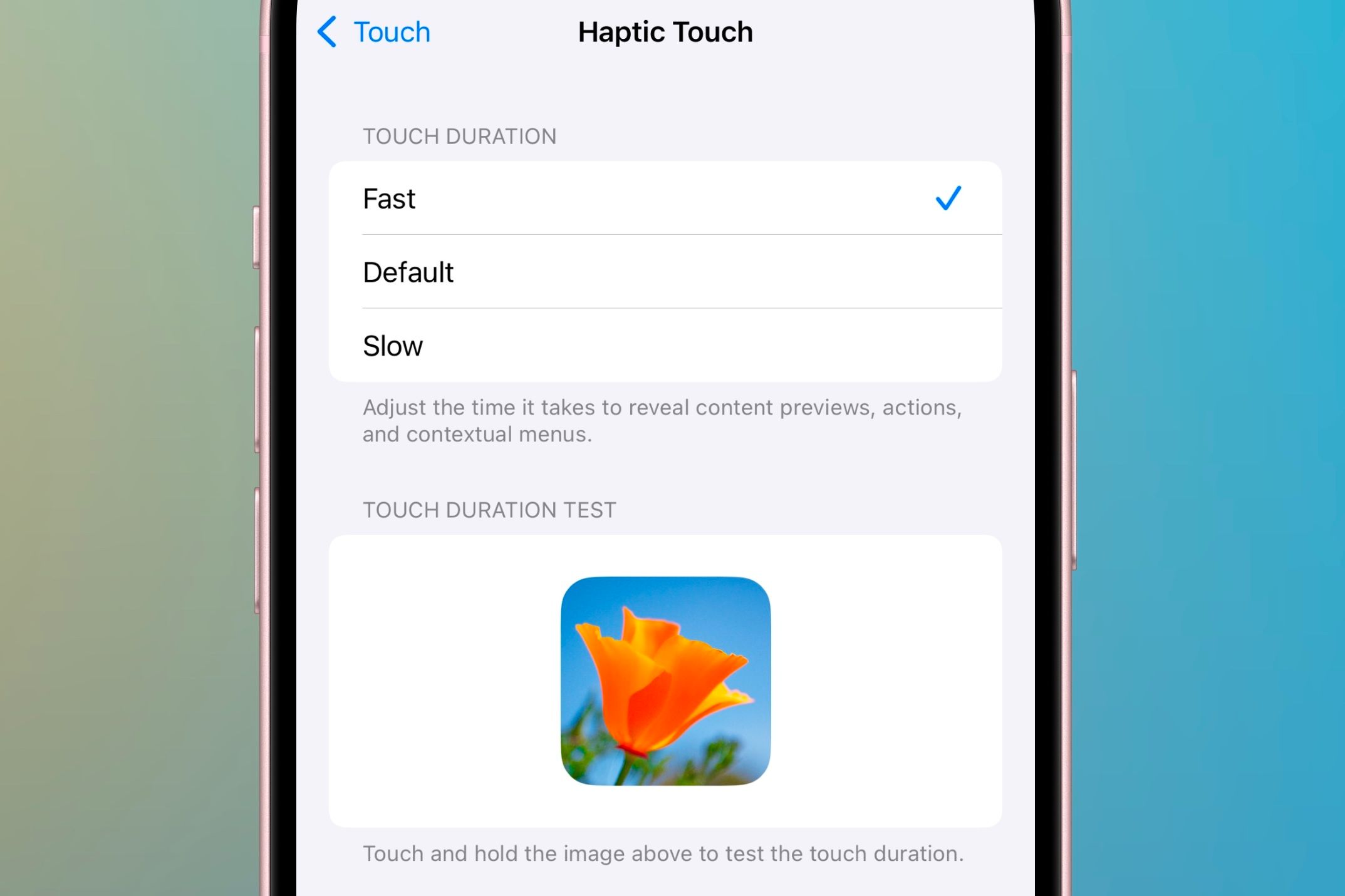 Haptic Touch settings to choose from.