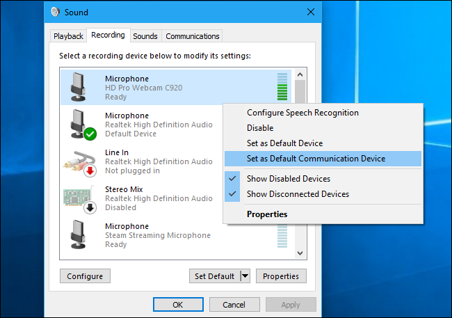 Right-click a microphone, then set it as your default communication device. 