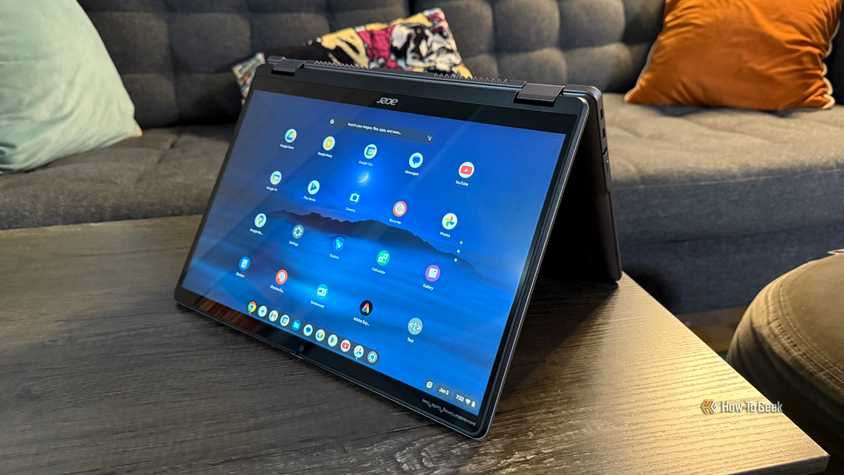 The Acer Chromebook Plus Spin 514 in tent mode on a table.