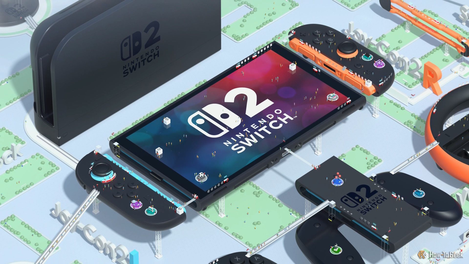 Digital recreations of the Nintendo Switch 2 console, Switch 2 dock, and Switch 2 accessories in Nintendo Switch 2 Welcome Tour.