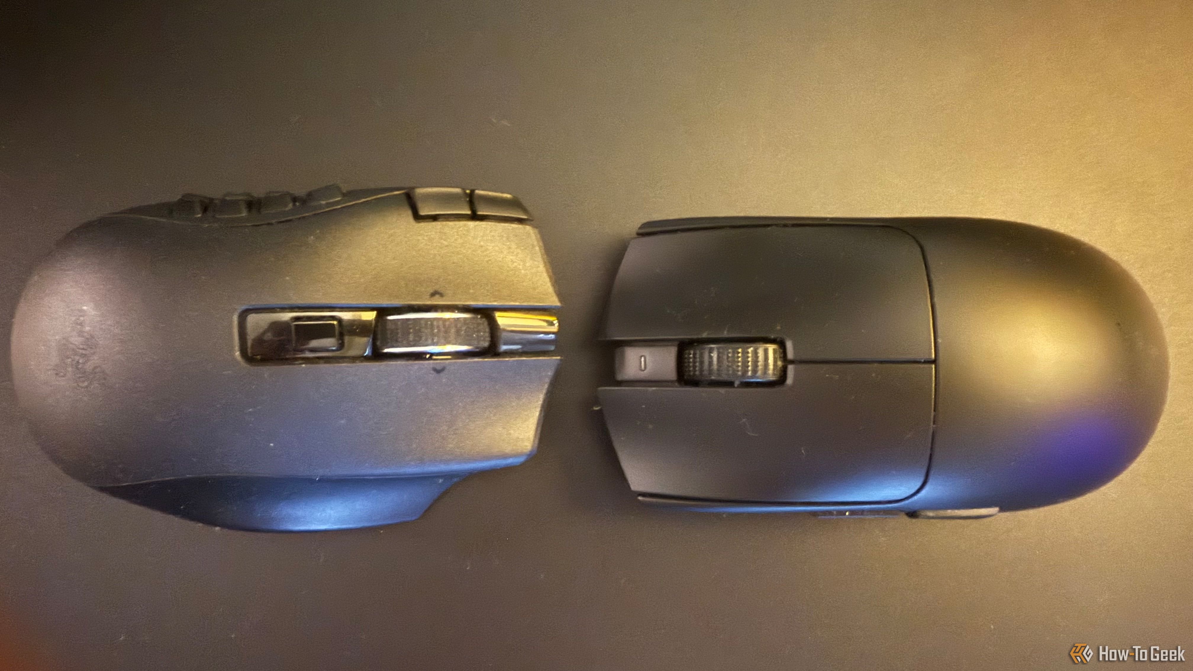 A Razer Naga V2 Hyperspeed and Razer Viper V3 Pro back-to-back from above on a black glass mousepad.