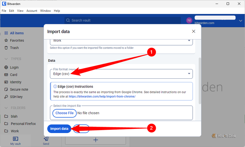 Importing the Edge CSV into BitWarden. 