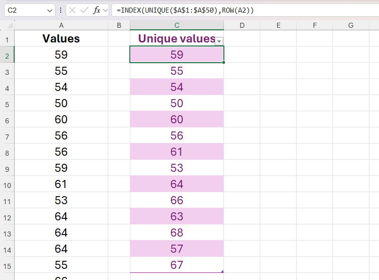 INDEX, UNIQUE, and ROW being used to return unique numbers from a range in an Excel table.