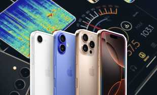iPhones in front of speaker analyzers and an android in the lower left.