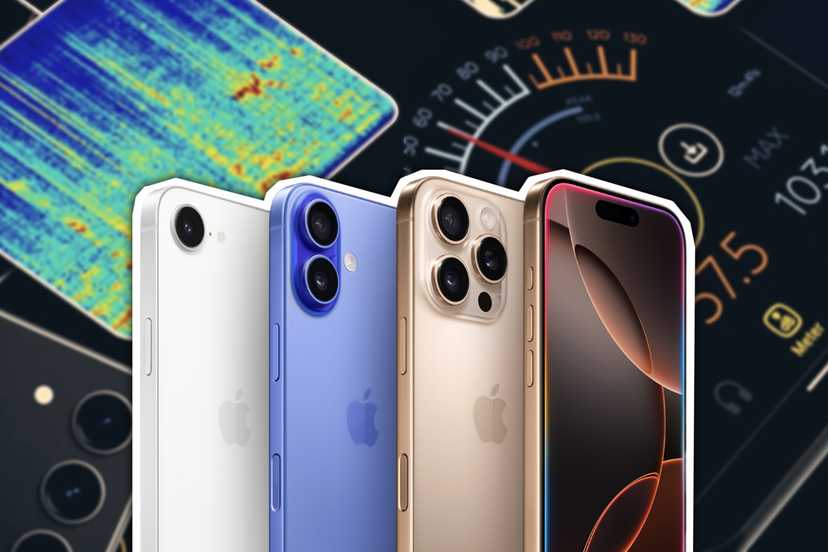 iPhones in front of speaker analyzers and an android in the lower left.