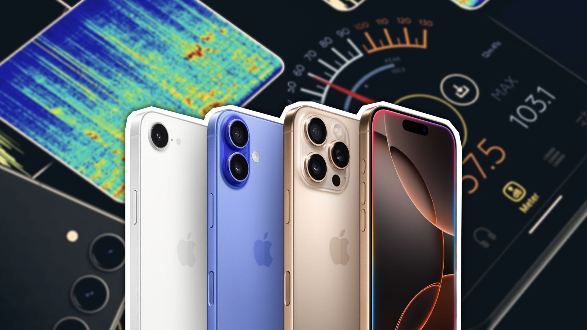 iPhones in front of speaker analyzers and an android in the lower left.