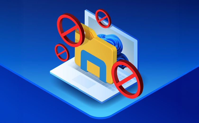 Isometric illustration of a laptop running Windows 11 and the File Explorer icon surrounded by prohibition signs.