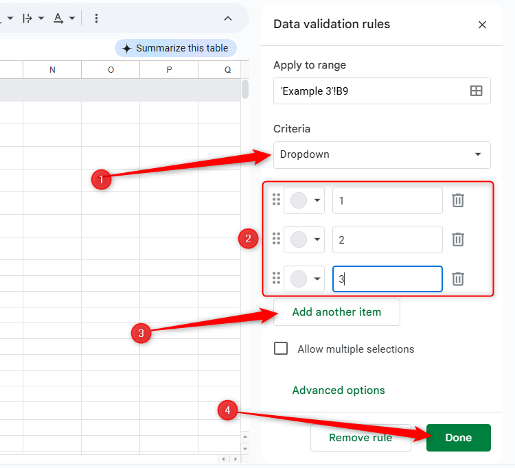 Items are being entered into the Data Validation Rules pane for a drop-down list in Google Sheets.