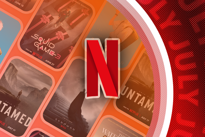 Netflix logo with several shows in the background.