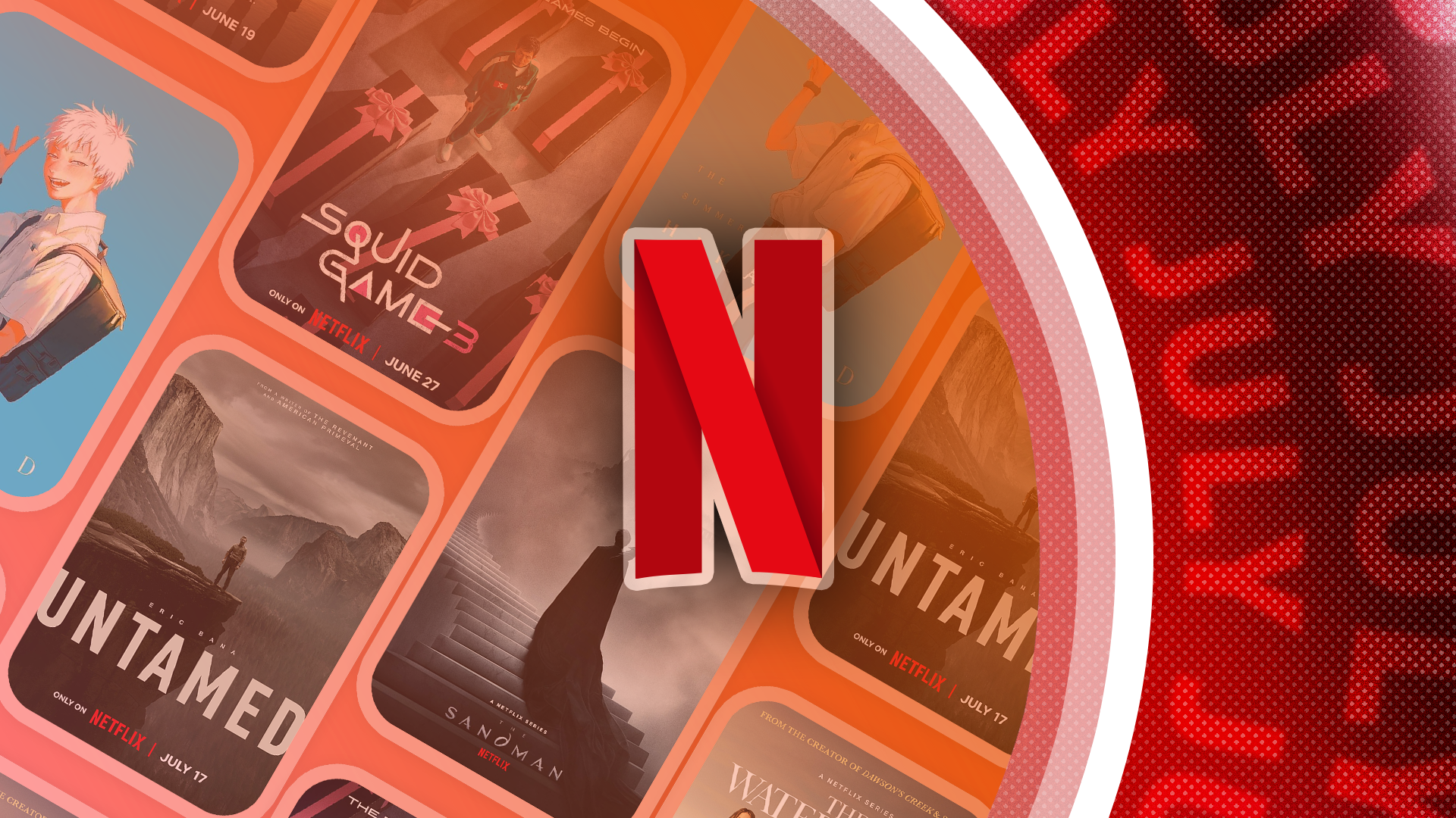 Netflix logo with several shows in the background.