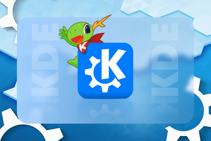 KDE logo with the mascot Konqi wearing a red cape, popping out playfully from behind the gear icon, set against a blue geometric background with the word 'KDE' repeated on both sides_-1