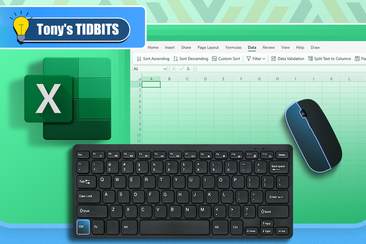 Keyboard and mouse in the foreground with an Excel interface behind, suggesting shortcut combos.