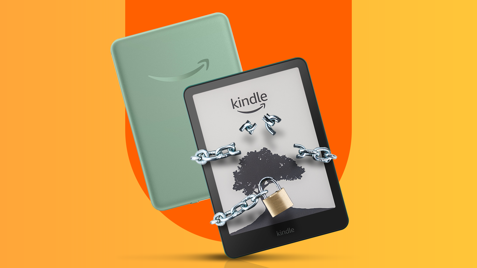 Kindle bound by broken chains and a padlock.