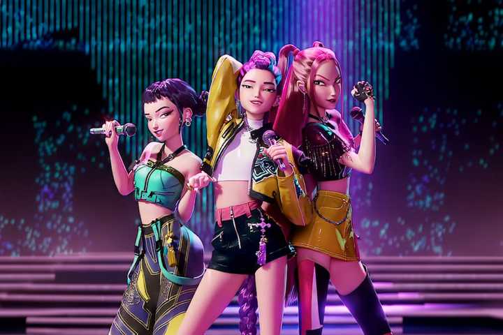 Three characters from the Netflix movie KPop Demon Hunters.