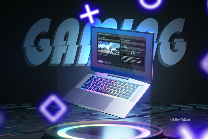 Laptop above a glowing platform, showing a game server setup screen, with the word 'GAMING' and neon gaming icons in the background.